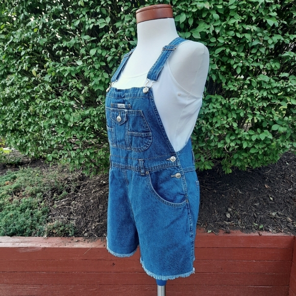 Route 66 Vintage 90's Denim Shortalls Bib Overalls Frayed Shorts Jeans Jorts - Picture 6 of 15